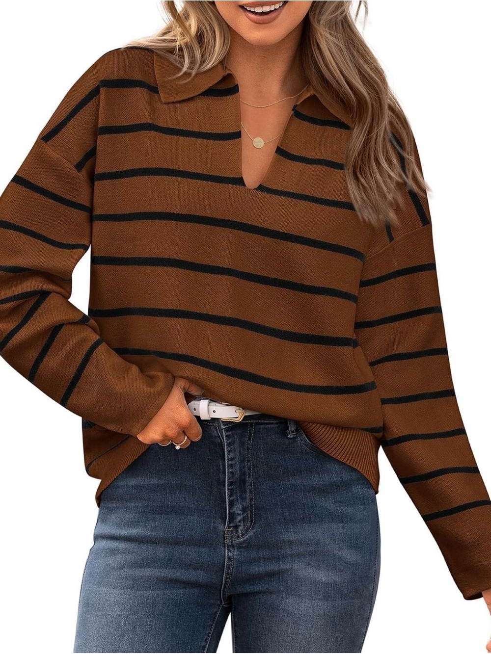 Cflonge Striped V-Neck Collared Sweater, Size Larges, Spft Cozy, Brown Black